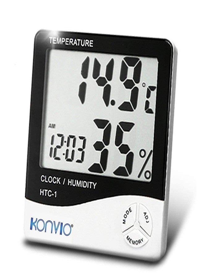 KONVIO جهاز قياس درجة حرارة الغرفة Konvio HTC-01 مع مقياس الرطوبة وساعة رقمية بلاستيكية مزودة بمنبه، يمكن تثبيتها على الحائط أو وضعها على سطح الطاولة. - Image 1